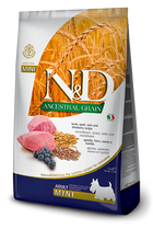 Front of bag of Farmina Natural & Delicious Ancestral Grain Lamb & Blueberry Mini Adult Dry Dog Food