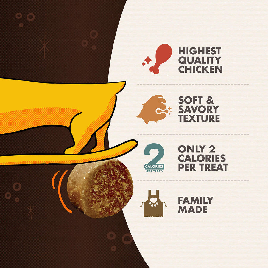 * Highest Quality Chicken
* Soft & Savory Texture
* Only 2 Calories Per Treat
* Family Made