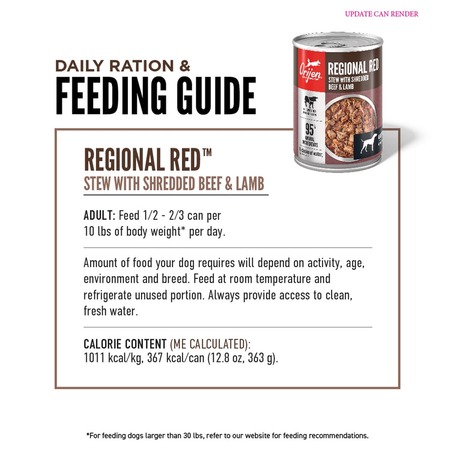 Feeding guidelines for Orijen Premium Regional Red with Shredded Beef & Lamb Stew Recipe Canned Dog Food.