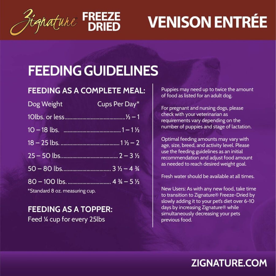Feeding Guidelines for Zignature Freeze Dried Venison Entree Dog Food. 