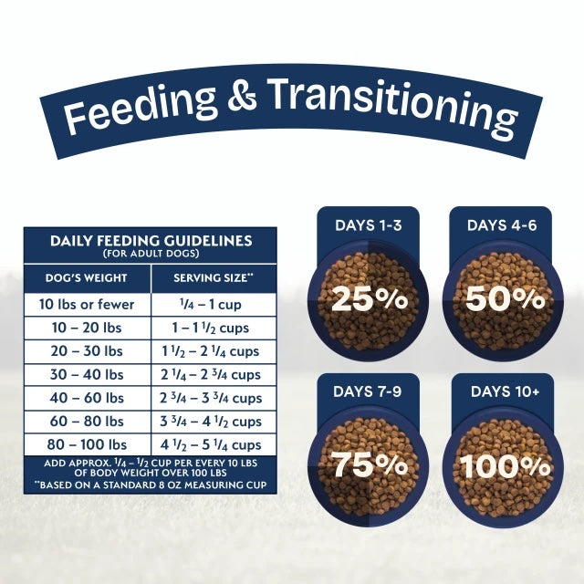 Daily Feeding Guidelines for Natural Balance Health Protection Salmon, Brown Rice & Pumpkin Dry Dog Food.