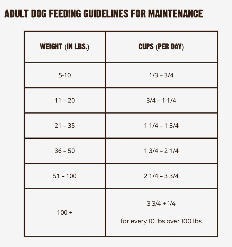 Feeding guidelines for RAWZ Meal Free Fish Recipe Dry Dog Food.