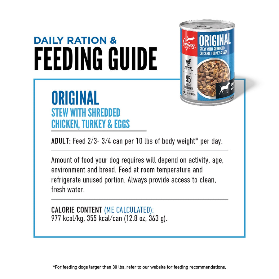 Feeding guidelines for Orijen Premium Original Chicken,Turkey & Eggs Stew Recipe Canned Dog Food.