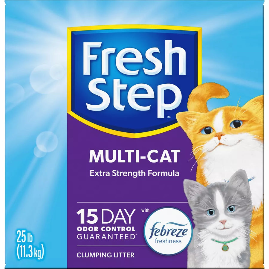 Front panel of box. Illustrations of 2 cats, a small grey one in front and an orange one behind. Fresh Step Multi-Cat extra strength clumping formula. 15 day odor control guaranteed. Clumping litter.