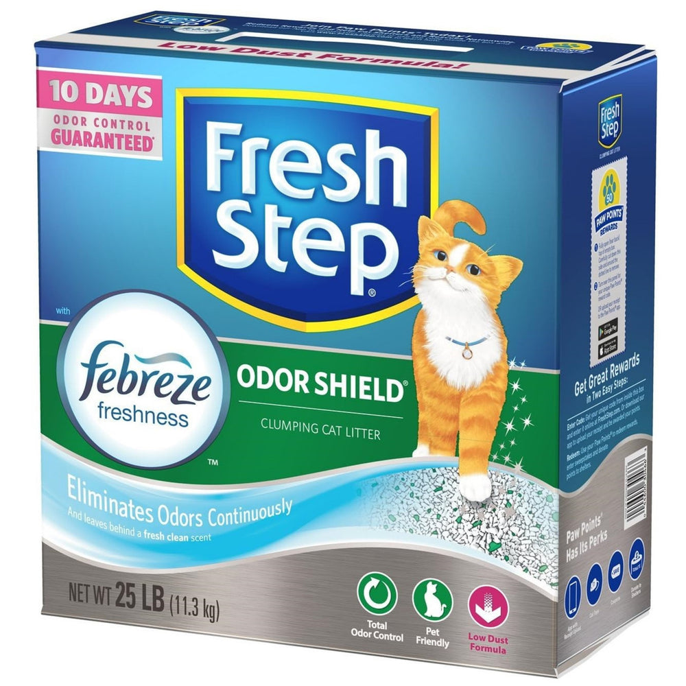 Front and right side panel of product box. 10 day odor control guaranteed. Eliminates odors continuously, and leaves behind fresh clean scent. Net weight 25 pounds. Total odor control. Pet friendly. Low dust formula.