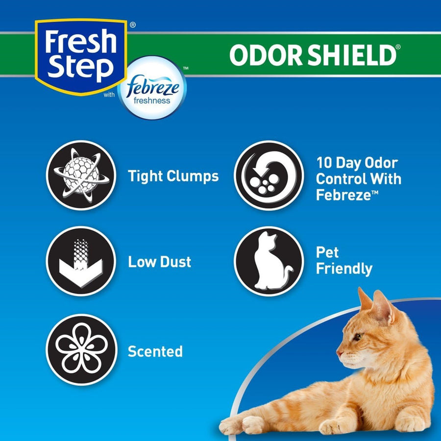 Fresh Step Odor Shield text list: Tight clumps, 10 day odor control with fabreze, low dust, pet friendly, and scented.