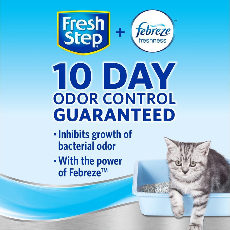 Fresh Step plus Fabreze freshness. 10 day odor control guaranteed. Inhibits growth of bacterial odor. With the power of fabreze. Cat stepping out of litter box.