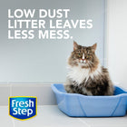 Low dust litter leaves less mess. Fluffy cat sitting in litter box. Fresh Step.