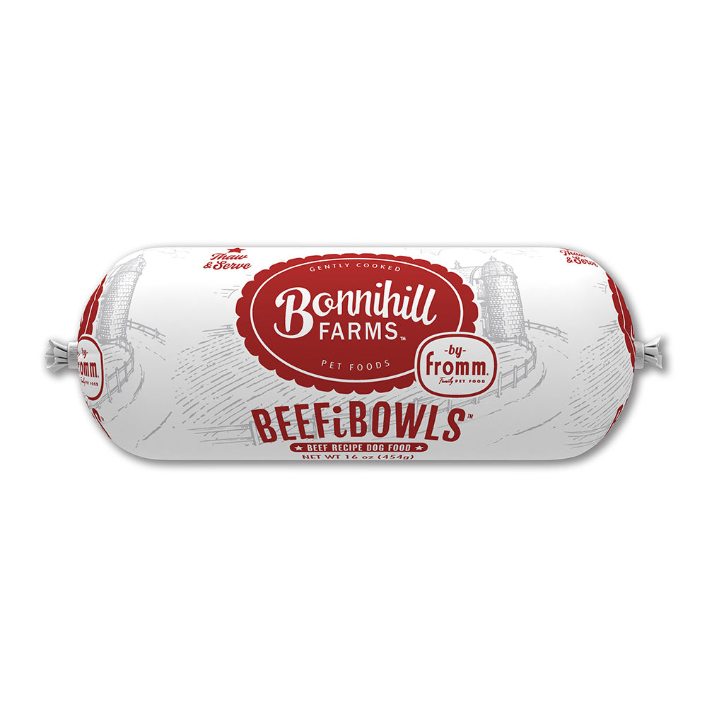Front packaging of Fromm Bonnihill Farms Beefibowls Frozen Dog Food 16oz