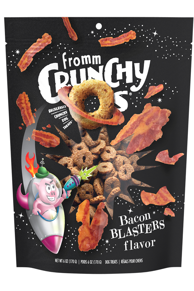 Fromm Crunch O's Bacon Blasters Dog Treats front of bag.