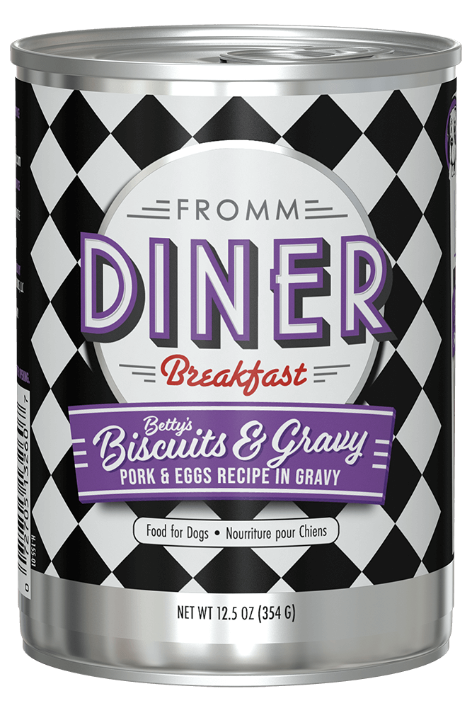 Fromm Diner Breakfast Betty’s Biscuits & Gravy Pork & Eggs Recipe Canned Wet Dog Food front of can.