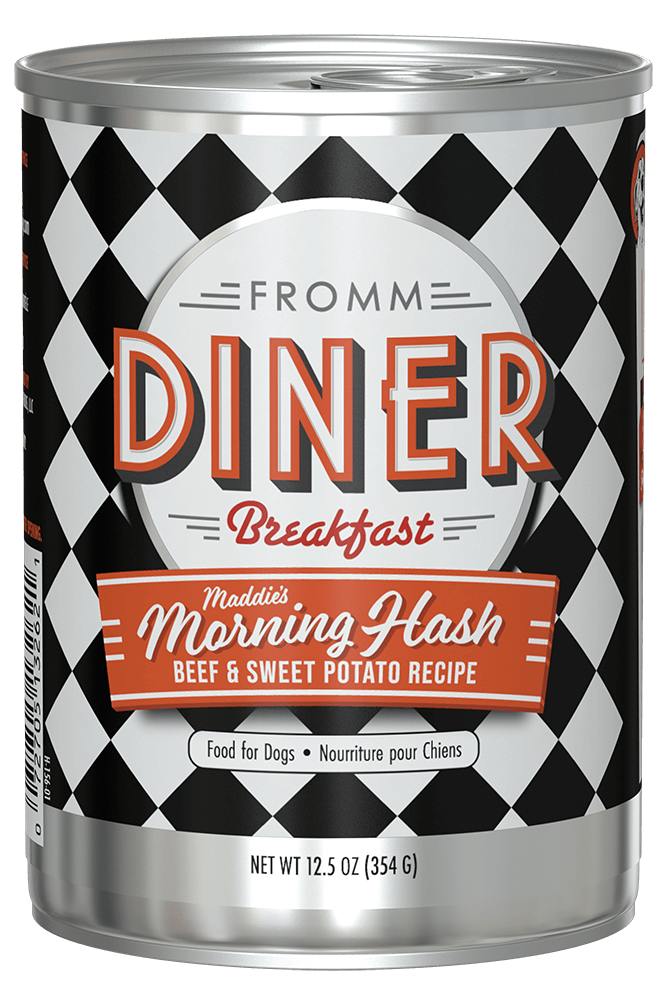 Fromm Diner Breakfast Maddie’s Morning Hash Beef & Sweet Potato Recipe Canned Wet Dog Food front of can.