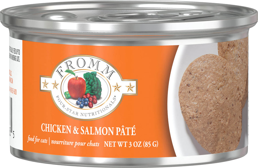 Front can of Fromm Four-Star Nutritionals Chicken & Salmon Pate Canned Cat Food 3oz