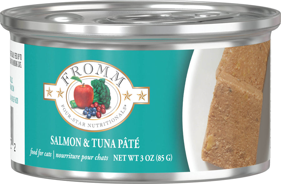 Front can of Fromm Four-Star Nutritionals Salmon & Tuna Pate Canned Cat Food 3oz