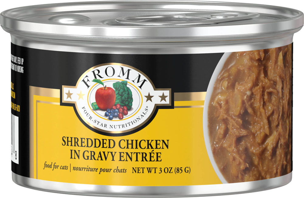 Front can o Fromm Four-Star Nutritionals Shredded Chicken in Gravy Entree Canned Cat Food 3oz