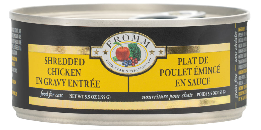 Front can of Fromm Four-Star Nutritionals Shredded Chicken in Gravy Entree Canned Cat Food 5.5oz