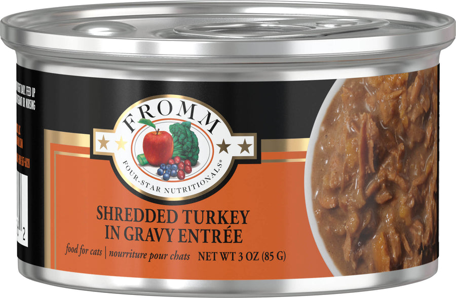 Front can Fromm Four-Star Nutritionals Shredded Turkey in Gravy Entree Canned Cat Food 3oz