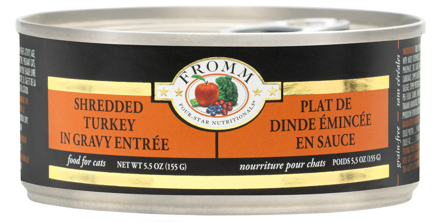 Front can of Fromm Four-Star Nutritionals Shredded Turkey in Gravy Entree Canned Cat Food 5.5 oz
