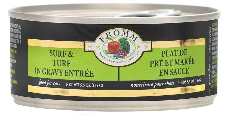 Front can of Fromm Four-Star Nutritionals Surf & Turf in Gravy Entree Canned Cat Food 5.5oz