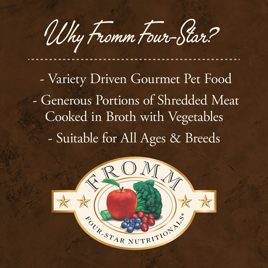 Variety-drive, generous portions and suitable for all ages & breeds key features of Fromm Four-Star Nutritionals Surf & Turf in Gravy Entree Canned Cat Food