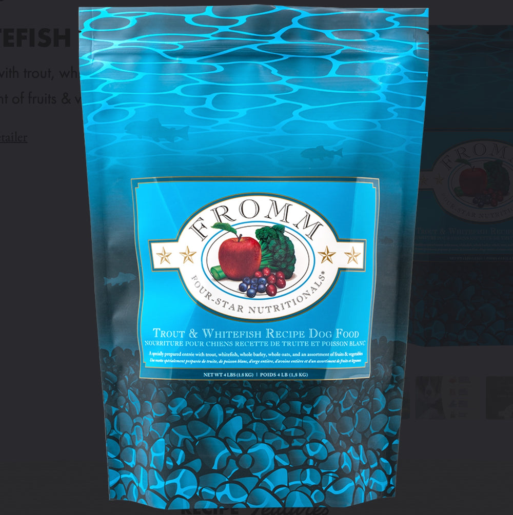 Fromm Four-Star Trout and Whitefish Dry Dog Food front of bag.