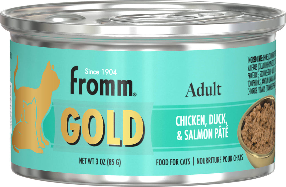 Front can of Fromm Gold Chicken, Duck & Salmon Recipe Pate Canned Cat Food 3oz
