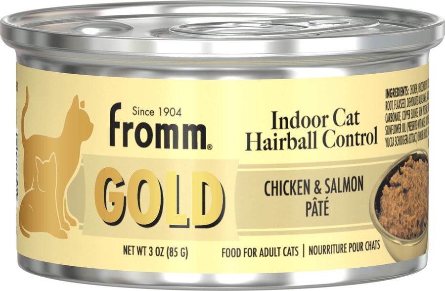 Front can of Fromm Gold Indoor Chicken & Salmon Recipe Pate Canned Cat Food 3oz