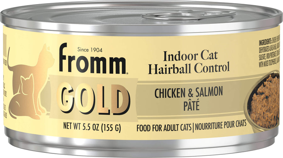 Front can of Fromm Gold Indoor Chicken & Salmon Recipe Pate Canned Cat Food 5.5 oz
