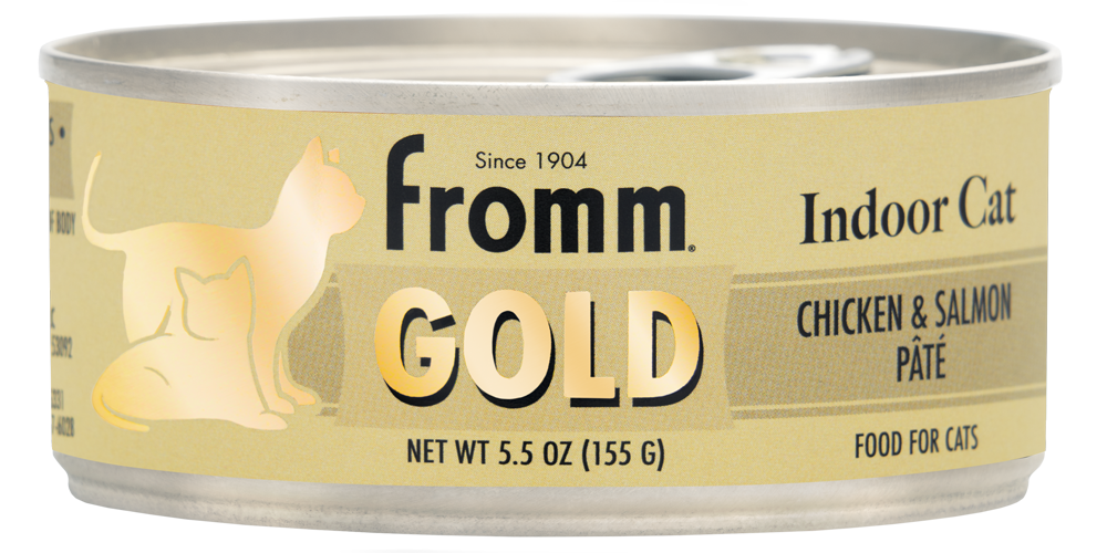 Front can of Fromm Gold Indoor Chicken & Salmon Recipe Pate Canned Cat Food 5.5oz