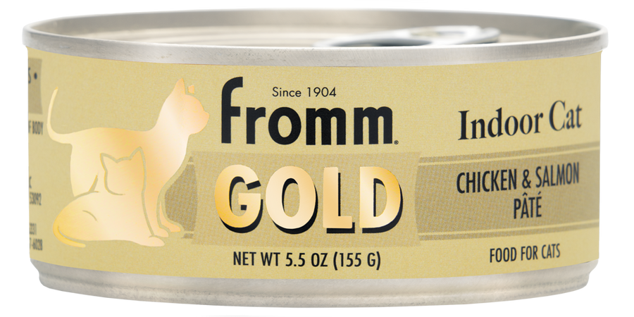 Front can of Fromm Gold Indoor Chicken & Salmon Recipe Pate Canned Cat Food 5.5oz