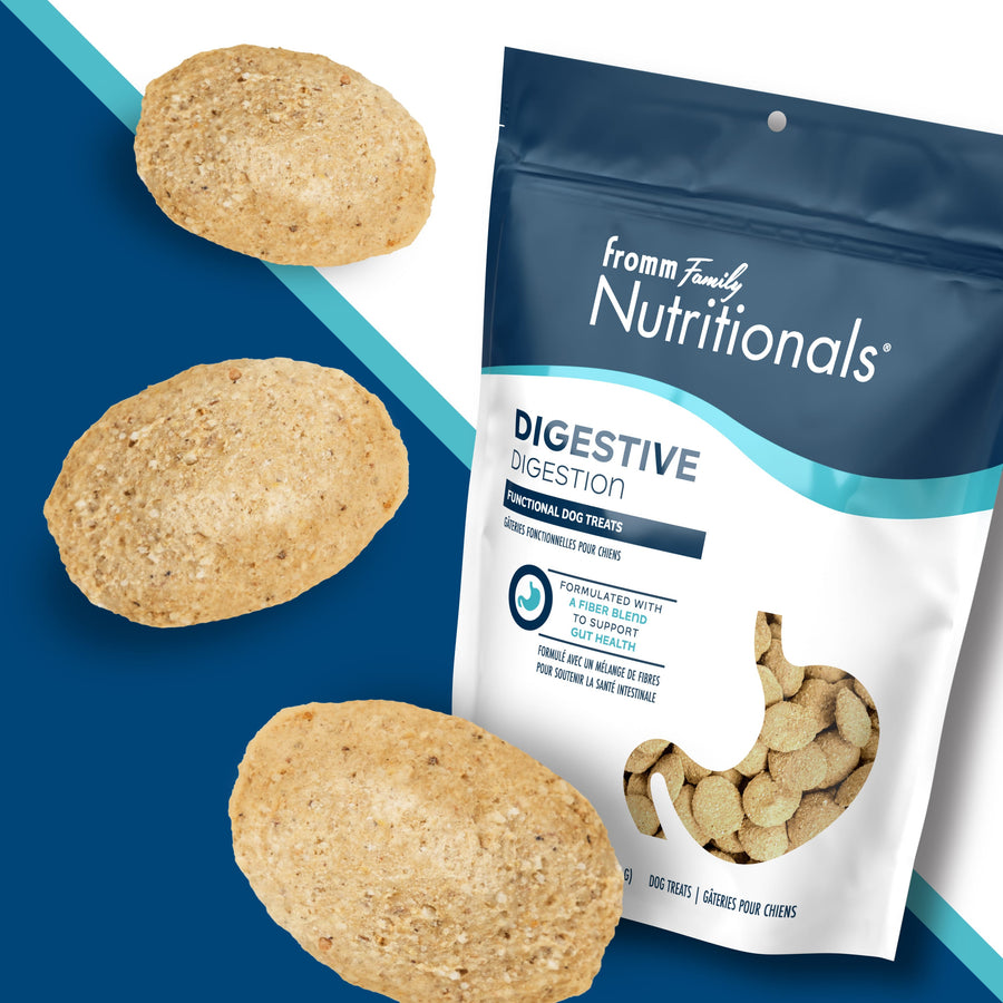 Fromm Nutritionals Digestive Functional Dog Treats Front of Bag and sample