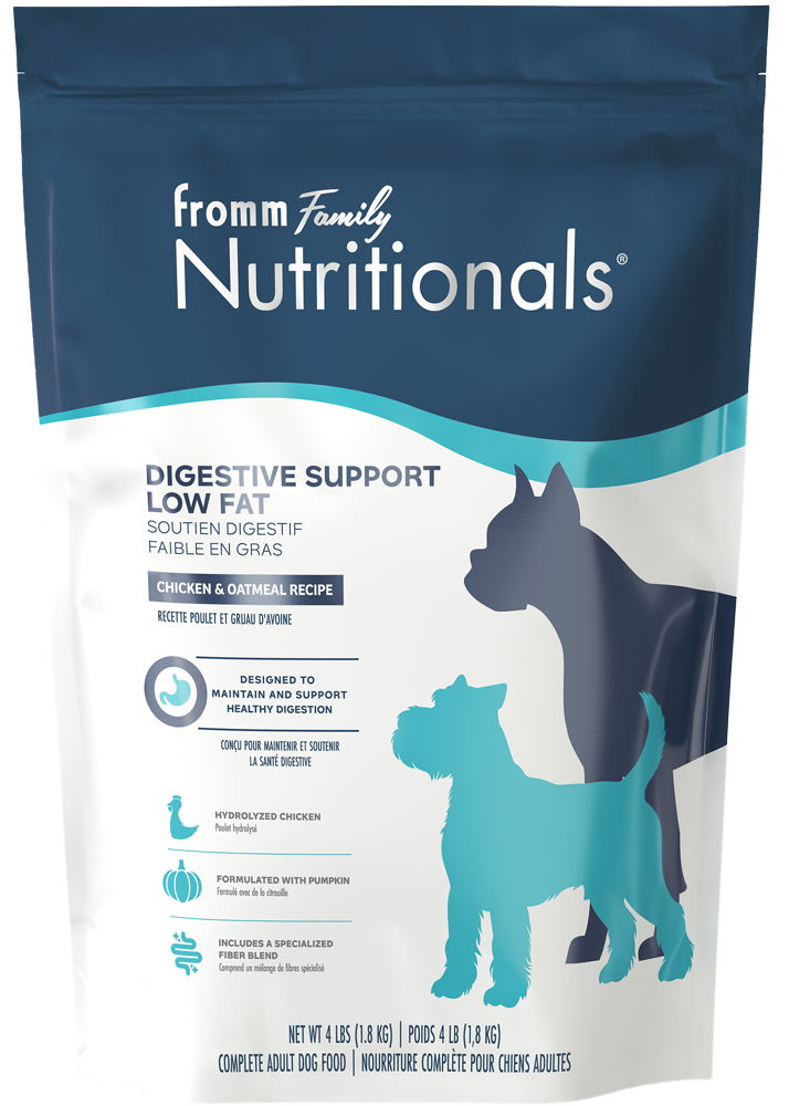 Fromm Nutritionals Digestive Support Low Fat Chicken & Oatmeal Recipe front of bag. 