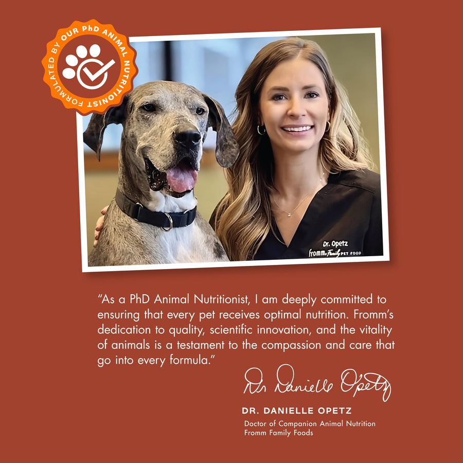 Fromm Nutritionals Dog Treats phd nutritionist quote rust background