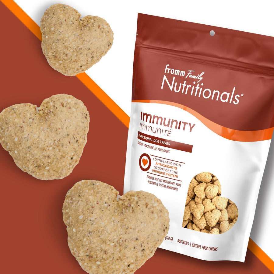 Fromm Nutritionals Immunity Functional Dog Treats front of bag and treats