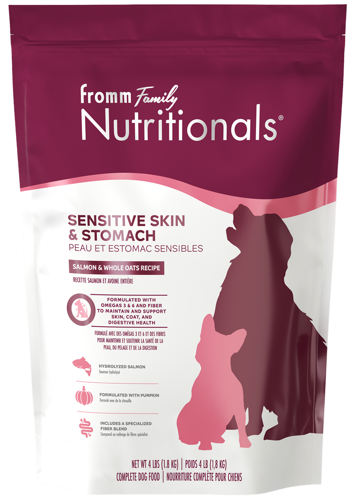 Fromm Nutritionals Sensitive Skin & Stomach Salmon & Whole Oats Recipe front of bag. 