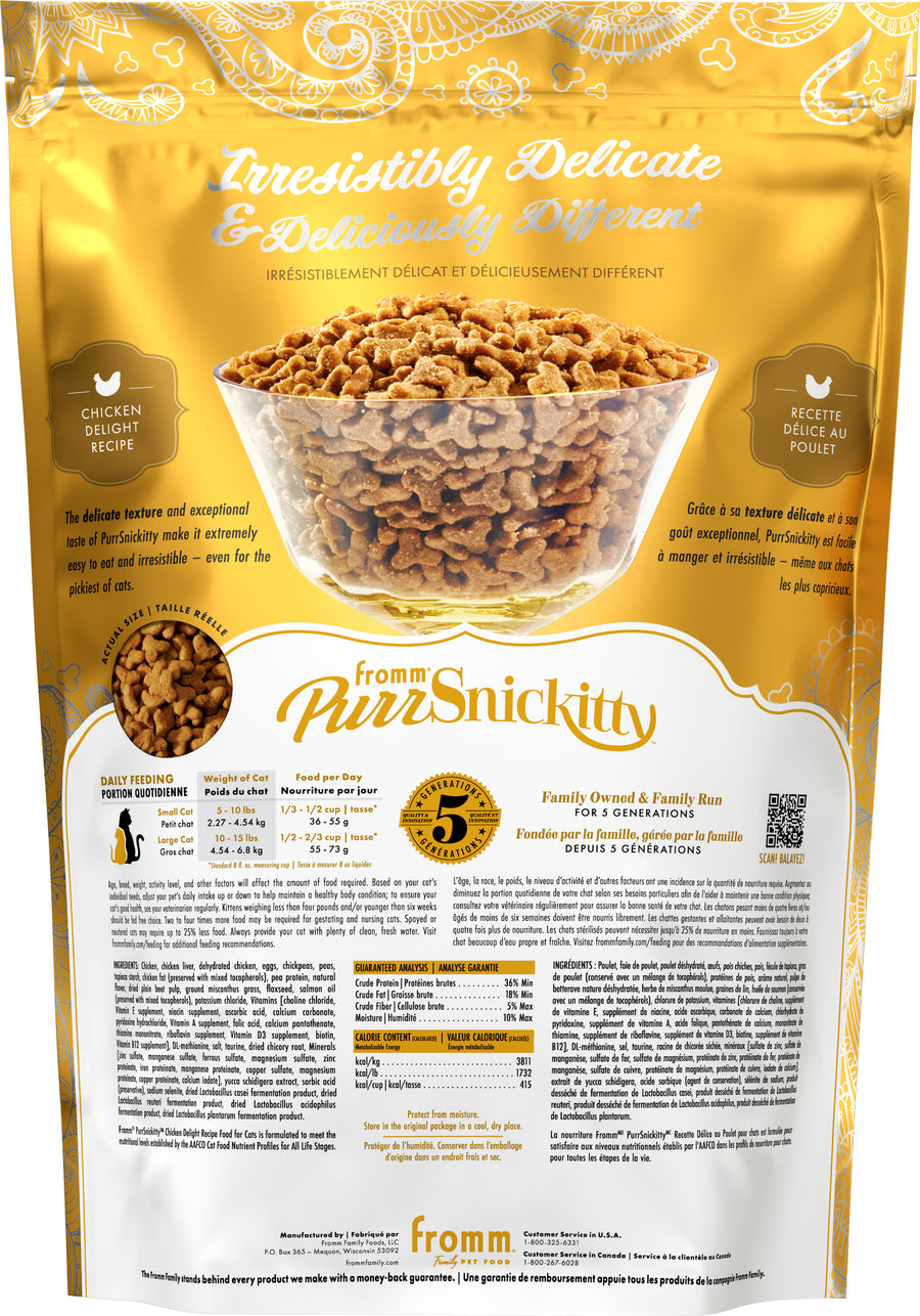 Fromm PurrSnickitty Chicken Delight Dry Cat Food 4LB Yellow Back of Bag