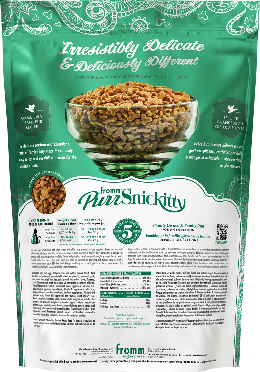 Fromm PurrSnickitty Game Bird Grandeur Dry Cat Food Back of Bag