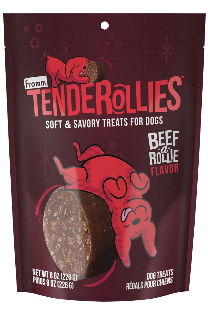 Fromm Tenderollies Beef-a-Rollie Flavor Dog Treat front of bag.