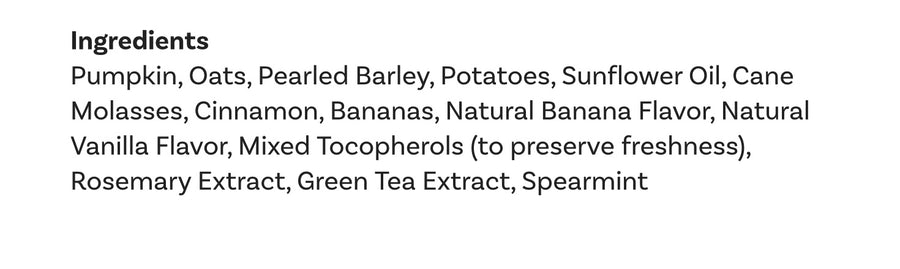 Ingredients list for Fruitables Baked Dog Treats Pumpkin & Banana.