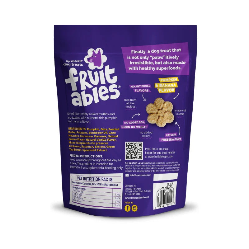 Fruitables Baked Dog Treats Pumpkin & Banana back of bag.