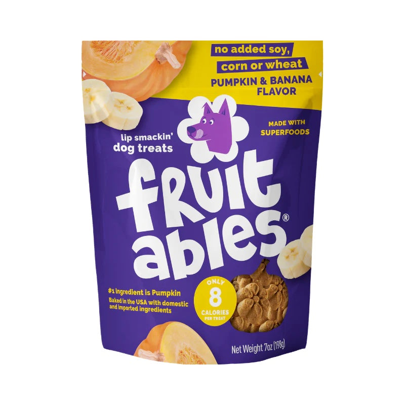 Fruitables Baked Dog Treats Pumpkin & Banana front of bag.