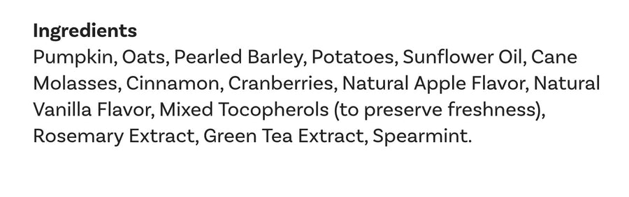 Ingredients list for Fruitables Baked Dog Treats Pumpkin & Cranberry.