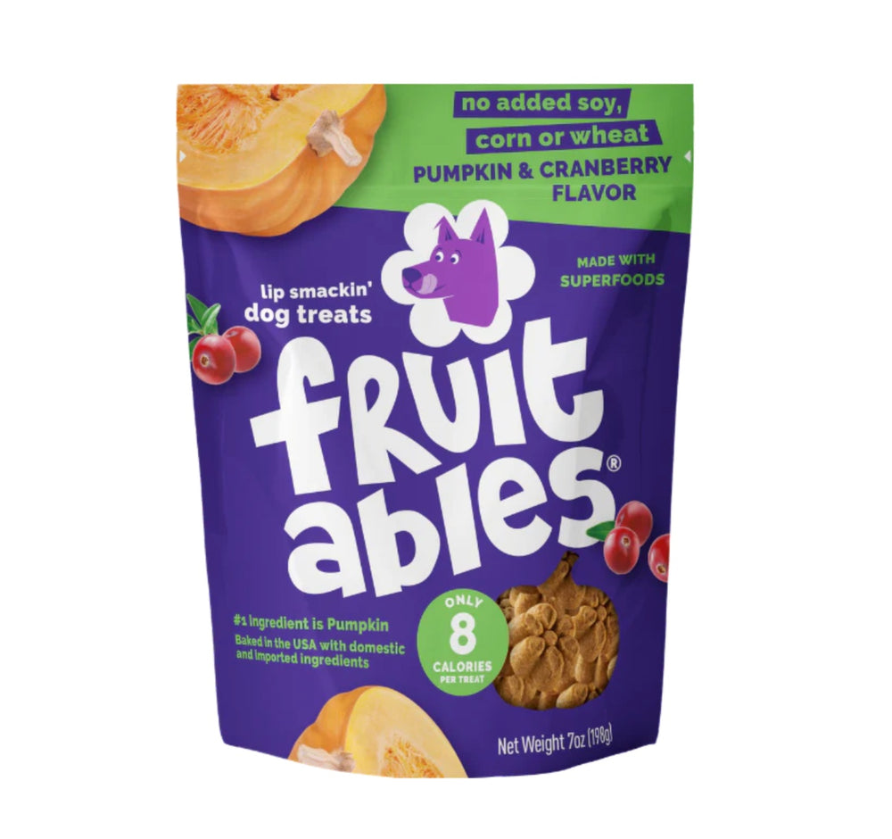 Fruitables Baked Dog Treats Pumpkin & Cranberry front of bag.