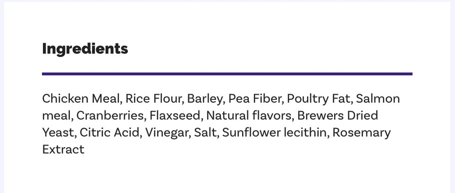 Ingredients list for Fruitables Crunchy Cat Treats Salmon with Cranberry.