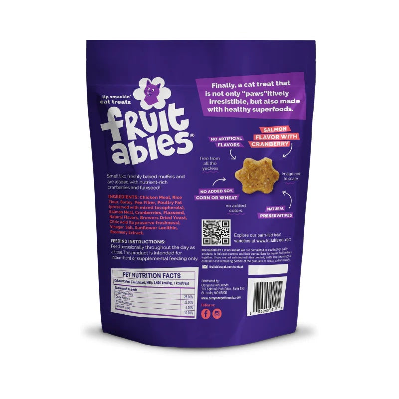 Fruitables Crunchy Cat Treats Salmon with Cranberry back of bag.