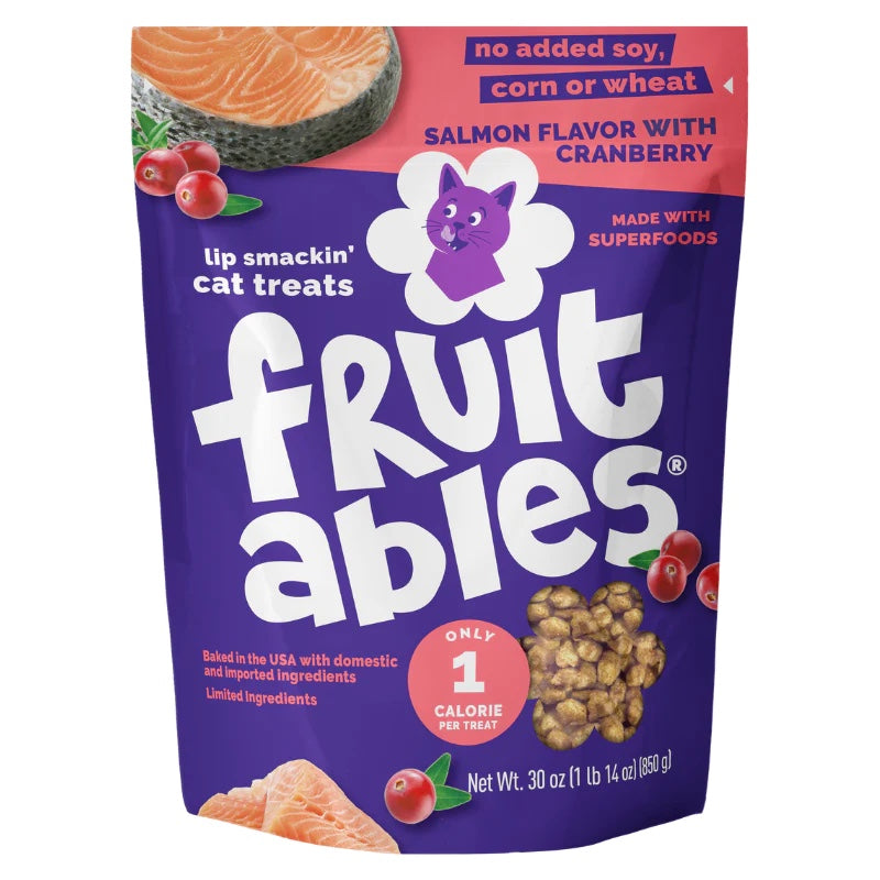 Fruitables Crunchy Cat Treats Salmon with Cranberry front of bag.