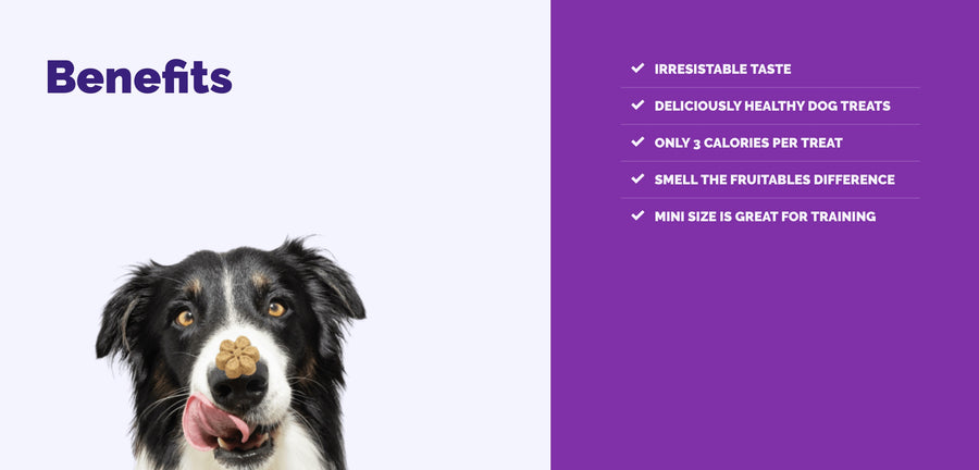 *Irresistible taste 
*Deliciously healthy dog treats
*Only 3 calories per treat
*Smell the Fruitables difference
*Mini size is great for training

