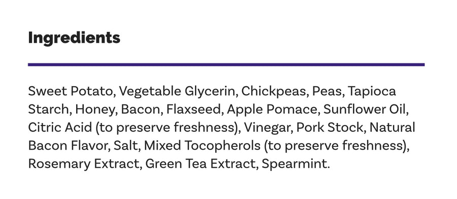 Ingredients list for Fruitables Skinny Minis Soft Dog Treats Apple Bacon.