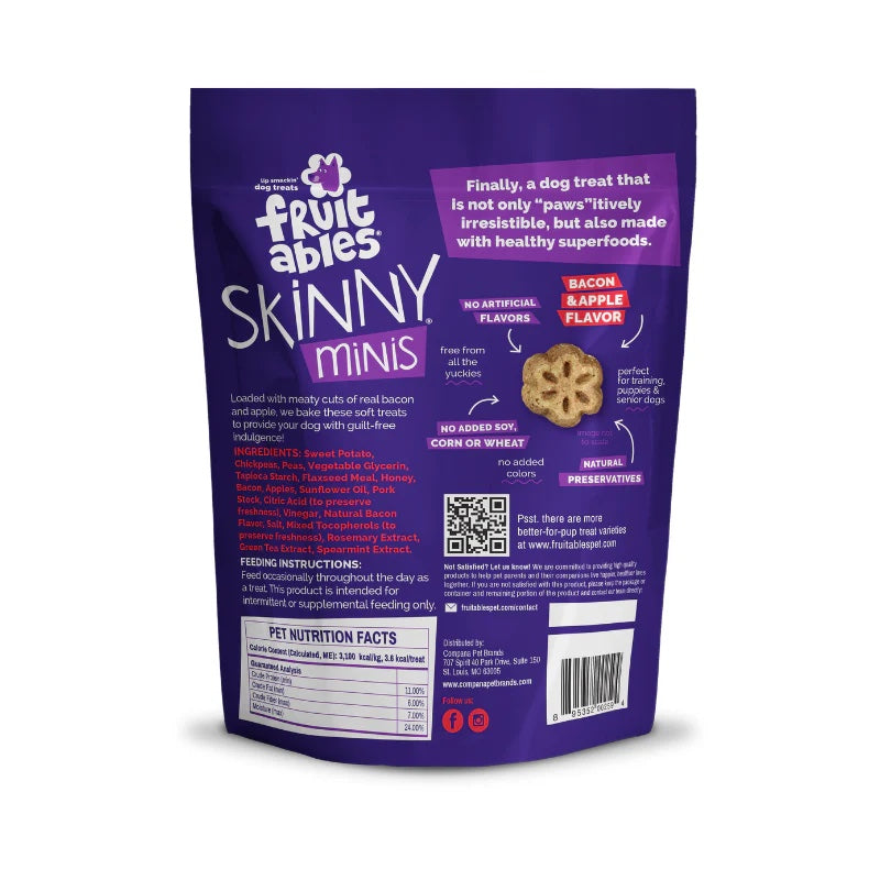 Fruitables Skinny Minis Soft Dog Treats Apple Bacon back of bag.