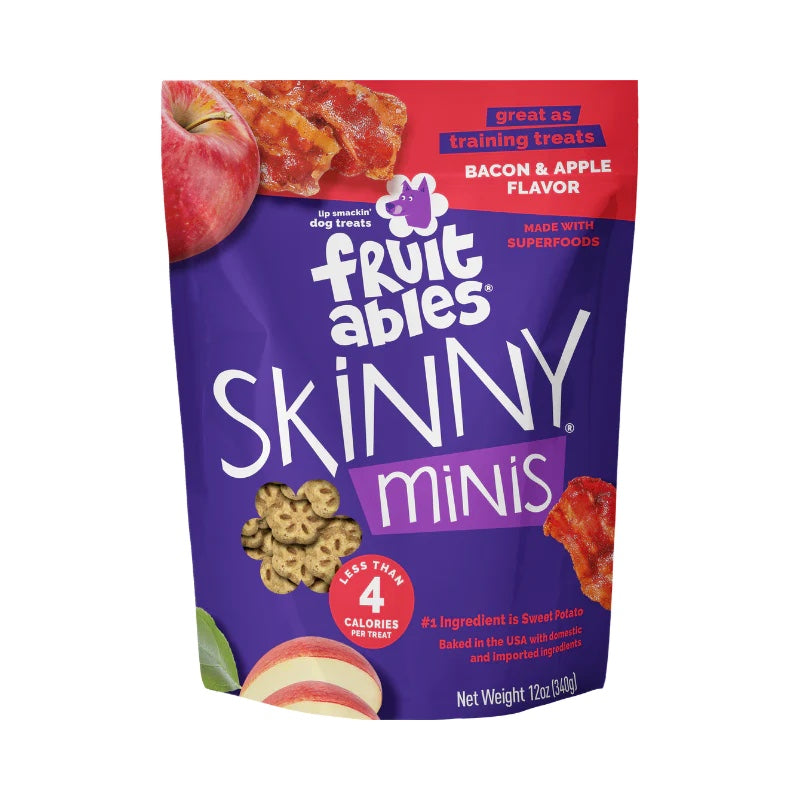 Fruitables Skinny Minis Soft Dog Treats Apple Bacon front of bag.